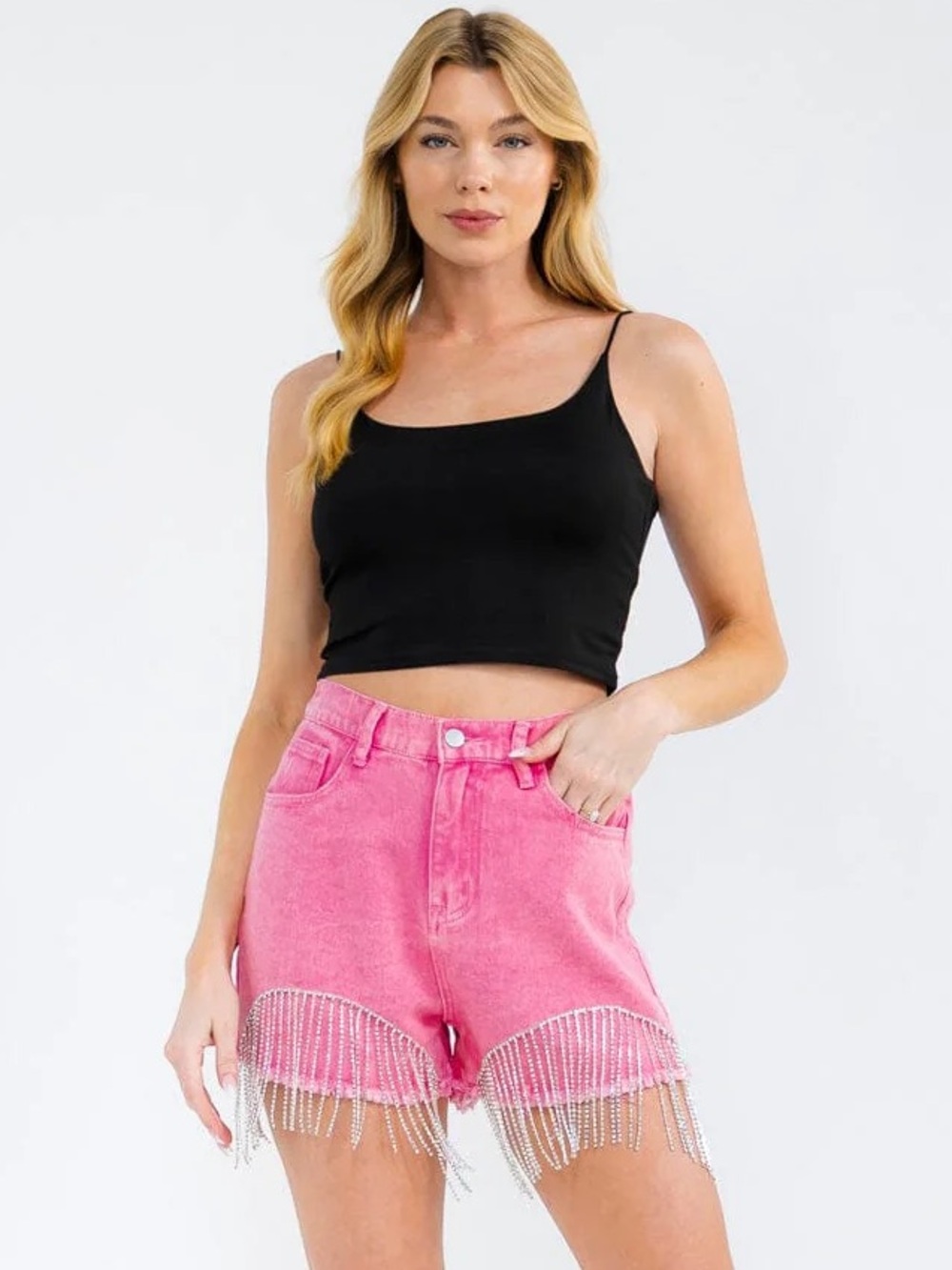Savanna Jane | Pink Rhinestone Fringe High Waisted Denim Shorts Coachella Small